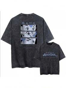 Camiseta Negra Oversized Vintage Lavada Unisex 2026| Manga corta, cuello redondo, diseño geométrico con retratos del  de : La Leyenda de Aang, moda de alta calidad, tela de elast - Negro - Ver 2