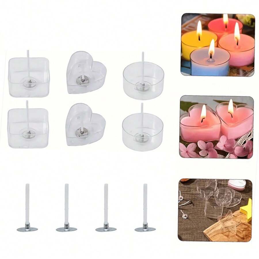 16 Pcs/Set Tea Light Candle Making Kit 3.8cm/1.49in Transparent Plastic Heat-Resistant Wish Cup Holders, Including 2 Heart-Shaped, 2 Square, 2 Round, 10 Pcs 26mm Long Candle Wicks, For DIY Craft Projects - Tea Cup With Wick - View 1