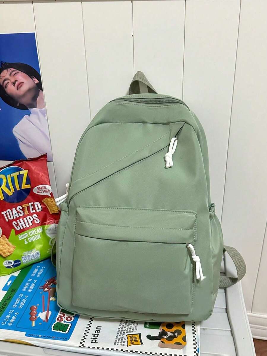 1 pieza Mochila de nylon de gran capacidad para estudiantes, mochila minimalista de unicolor para estudiantes universitarios, mochila de nylon para niñas, mochila de viaje para niñas - Rosa - Ver 1