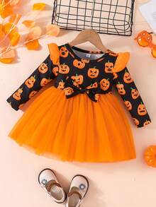 Halloween Girls Pumpkin Pattern Long Sleeve Mesh Dress Little Girls Holiday Party Princess Dress - Orange - View 1