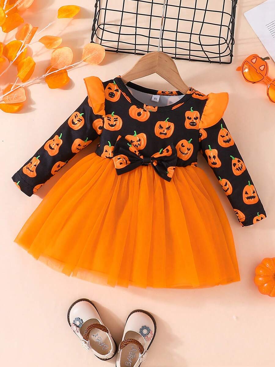 Halloween Girls Pumpkin Pattern Long Sleeve Mesh Dress Little Girls Holiday Party Princess Dress - Orange - View 1