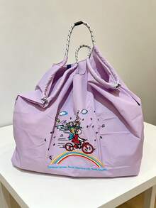 1件時尚刺繡單車女孩托特包，卡通圖案，輕量尼龍，大容量，可折疊抽繩開口購物袋 - 彩色 - 查看 8