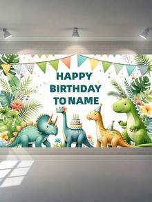 Tissu de fond de fête d'anniversaire personnalisable avec nom, bannière thème dessin animé dinosaure, décoration de baby shower. - Multicolore - Voir 6