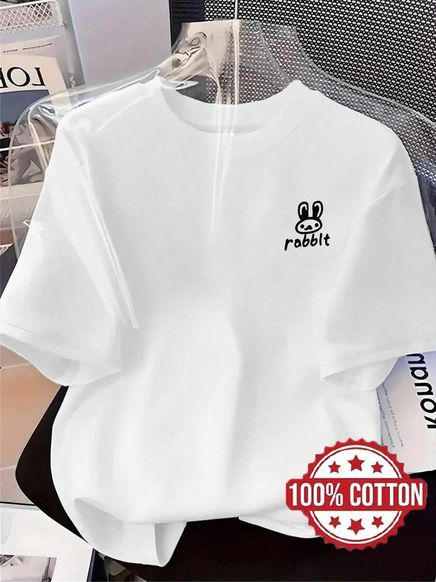 Camiseta TH610 Nueva para Mujer, Estampado Sencillo de Cabeza de Conejo, Camiseta Casual a la Moda, 100% Algodón Transpirable con Cuello Redondo Reforzado con Tres Agujas, Manga Corta, Absor