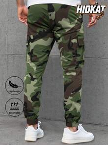 Hidkat Men's Lightweight Thin Camouflage Cargo Pants, Large Pockets Design, Elastic Waist With Drawstring, Breathable Jogger Pants For Casual Outdoor Activities, Spring/Autumn - Army Green - View 3
