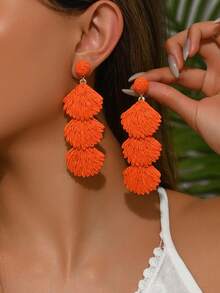 OOQ Par de Pendientes Largos Hechos Mano Estilo Bohemio con Borlas de Rafia y Conchas, Pendientes de DiseñGeométrico Ideales para Playa, Vacaciones, Festivales, Fiestas,ías Festivos, - Naranja - Ver 5