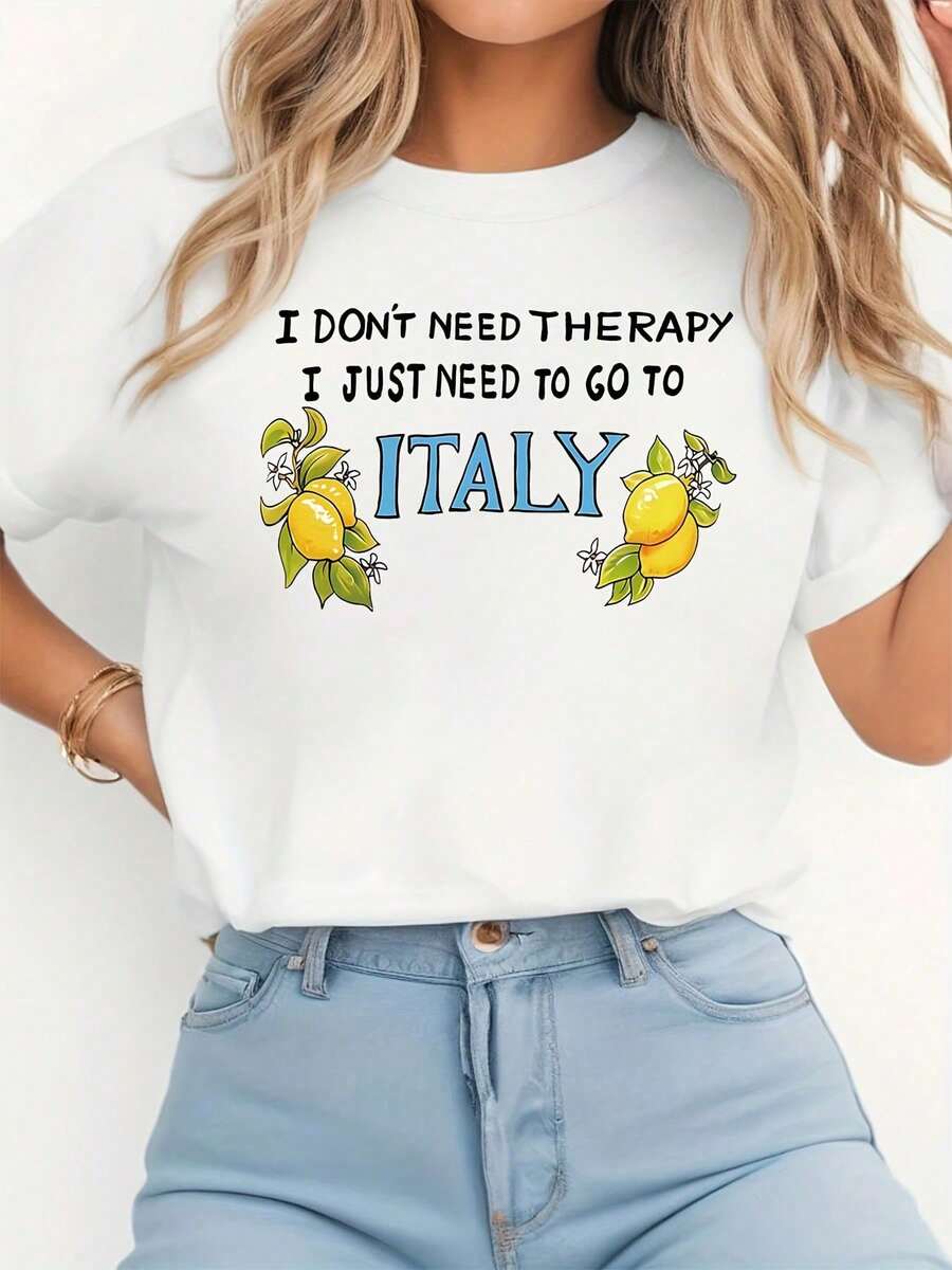 Women's Printed T-Shirt Short Sleeve Fashion For Going Out I DON'T NEED TO RELAX I JUST NEED TO GO TO ITALY Graphic Print T-Shirt, Short Sleeve Round Neck Casual Top For Summer - 白色 - 查看 1