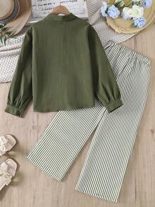 Left Mama Girls Casual Minimalist Long Sleeve Shirt & Striped Straight Leg Pants Set, Spring/Autumn - Army Green - View 3
