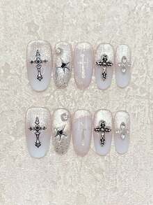 Y2K Gothic Style 5pcs Handmade Oval Nail Art Stickers, Cream White Glossy Cat Eye Design With Cross Stickers And Rhinestone Decor, Cool And Edgy, Suitable For Party, Date And Daily Wear, Wearable Acrylic Nail Art Set Nails - White - View 2
