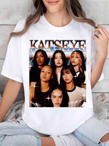 Camiseta con estampado de relámpagos y estrellas del grupo KATSEYE - Blanco - Ver 1