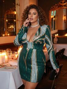 Women's Plus Size Charming Green Sequin Deep V-Neck Long Sleeve Short Back Tie Holiday Party Ball Evening Dress (Random Floral Pattern On Front And Back, Non-Positioned) - Green - View 2