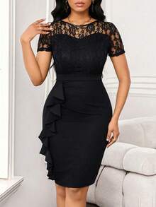 Lady Vestido de invitada de boda con plisado de encaje y falda de cadera para fiestas de trabajo - Azul marino - Ver 4