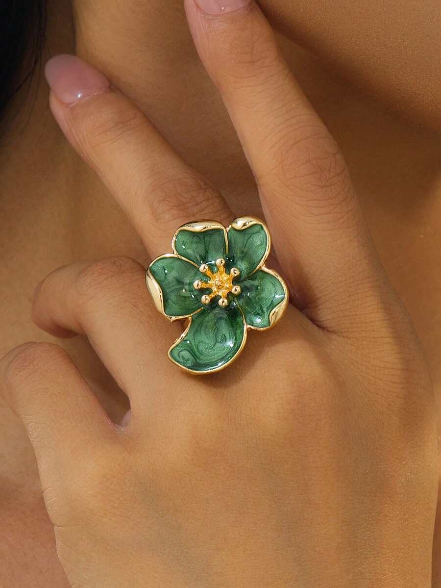 1件女款清新溫柔琺瑯綠色3D花蕊5瓣花朵戒指,適合日常配戴、約會與度假 - 綠色 - 查看 1