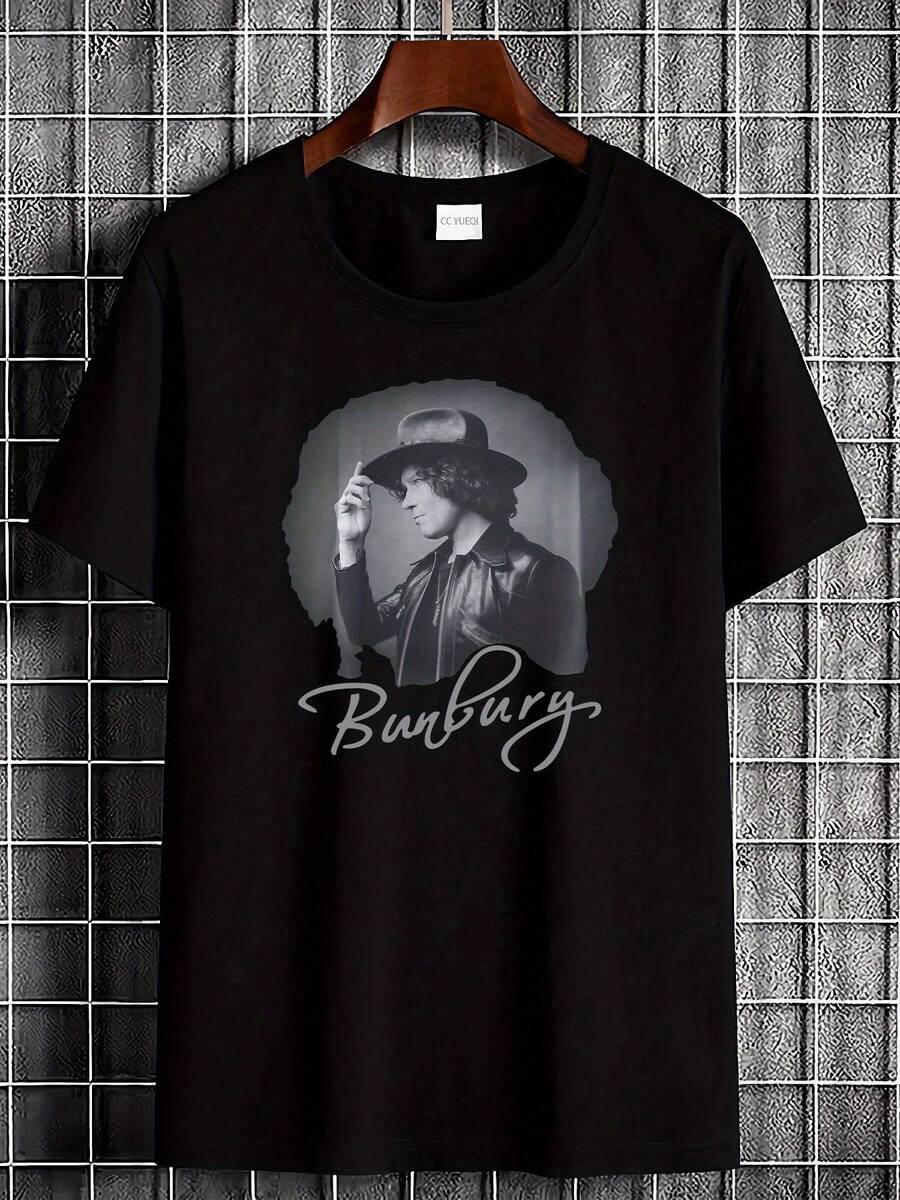 Camiseta Gráfica Vintage Bunbury para Hombre - Manga Corta, Estilo Casual Urbano con Estampado Icónico, Cuello Redondo, Corte Regular, Lavable a Máquina, Esencial para Uso Diario en Todo el - Negro - Ver 1