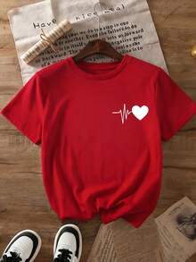 anga corta y cuello redondo con estampado de frecuencia cardíaca, color rojo, adecuada para regalos de San Valentín, citas de aniversario y atuendo casual, lavable a máquina, no estilo blusa - Negro - Ver 3