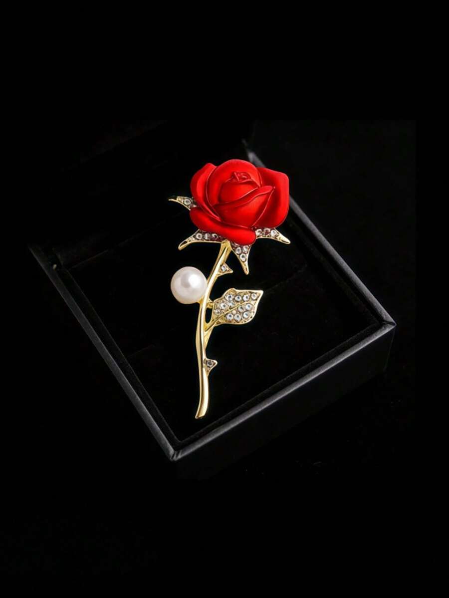 Broche decorativo de flor de rosa roja con strass - Rojo 2 - Ver 1