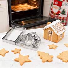 10-Piece 3D Gingerbread House Cookie Mold Set, Christmas Baking Kit With Stainless Steel Molds, Perfect For DIY Cookies, Pastries, And More. Easy To Assemble, Dishwasher , Ideal For Crafts And Gift Wrapping. - Silver - View 8