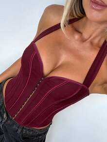 Apperloth A Atasan Crop Top Bustier Tanpa Punggung dengan Lubang Logam dan Tali di Bagian Depan, Gaya Rave Y2K, Pakaian Kasual Musim Panas untuk Klub Malam - Burgundy - View 8