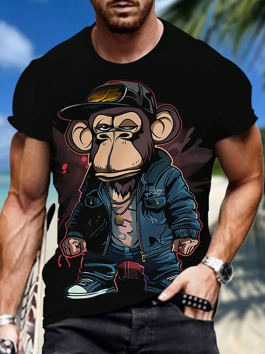 [Pierson Selection] Adult T-Shirt With 3D Digital Print, New Summer T-Shirt For Men - Hitam berminyak - View 1