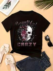 Skull & Letter Print T-Shirt, Casual Short Sleeve Crew Neck T-Shirt, Women's Clothing - 黑色 - 查看 1
