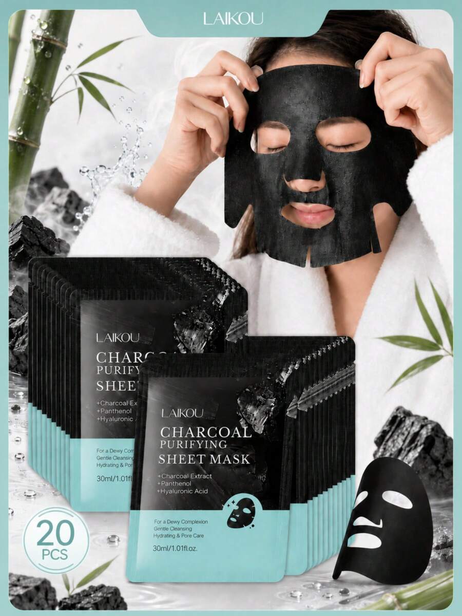 LAIKOU 20片装竹炭保湿净化面膜，25克保湿修护面膜，适合所有肤质，女士及女孩自用美容礼品