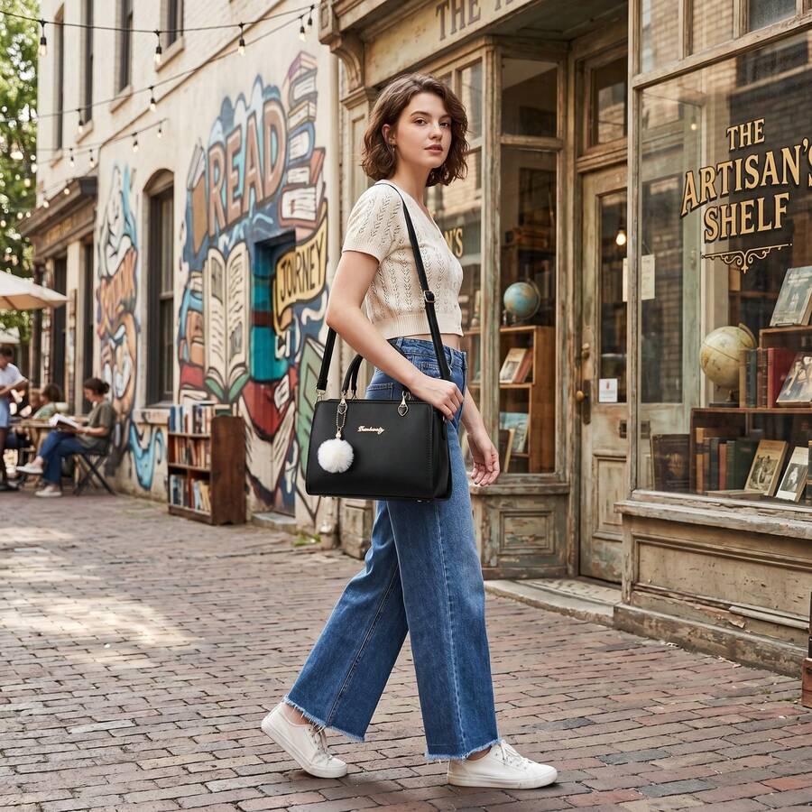 Bolsa de Mano Elegante de PU Impermeable con Pompon Desmontable, doble forma de uso, múltiples bolsillos, ideal para oficina, mercados, playa y paseos turísticos