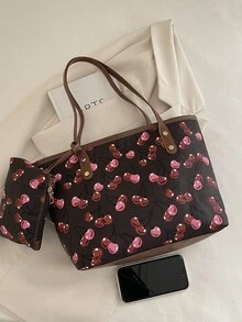 1件女款休閒通勤包，大容量新款極簡百搭單肩包，時尚小眾設計壓紋托特包，舒適獨特肩帶，適合大學生上課/購物/出遊/商場逛街/約會/度假 - 黑色 - 查看 5