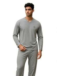Pijama Masculino Manga Longa de Inverno com Calça Adulto em malha Lisa Premium - Cinza - Visão 5