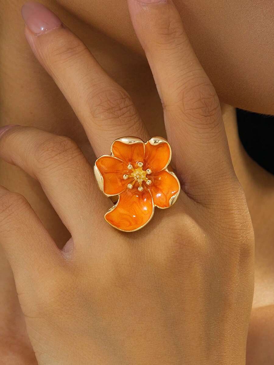 1pc Women's Fresh & Gentle Enamel Orange 3D Flower Stamen 5-Petal Flower Ring, Suitable For Daily Wear, Dates And Vacations - Orange - View 1