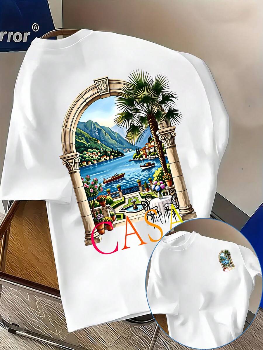 Men's Casual T-Shirt With Lake Como Landscape Print, Italy, Versatile And Stylish Short Sleeve, New Men's T-Shirt, Modern Outfit With A Unique And Niche Design, E - 白色 - 查看 1