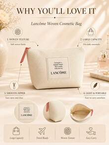 Lancôme 米色編織化妝包，聚酯纖維耐用帆布材質，拉鍊開合，大容量盥洗用品收納包，女性保養品收納袋 - 米色 - 查看 5