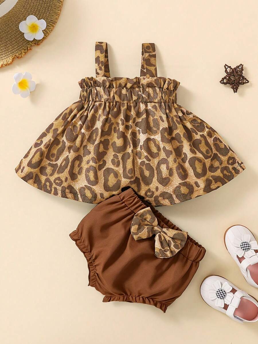 Spring/Summer Baby Girl 2pcs Set, Dark Brown Leopard Print Camisole Top + Black Bow Knotted Diaper Cover - Camel - View 1