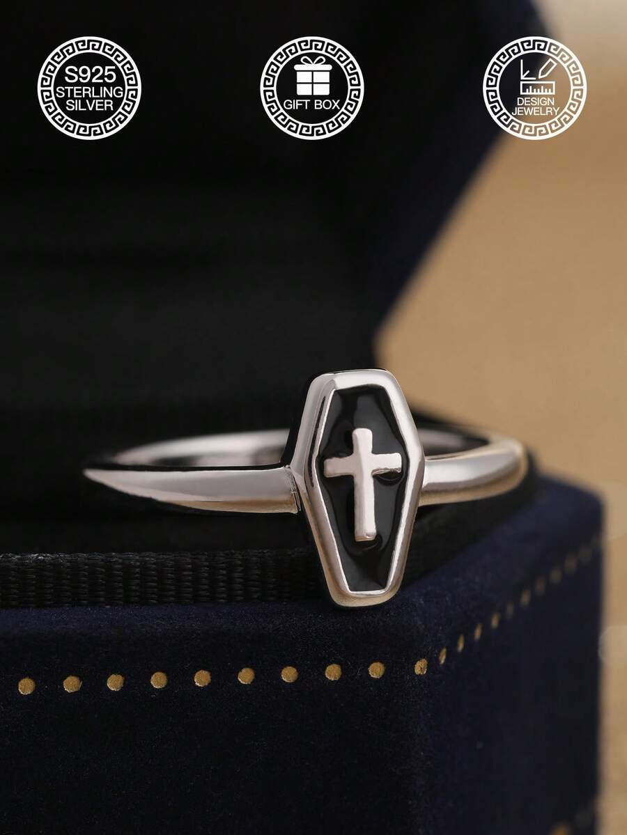 1pc S925 Sterling Silver Coffin Cross Ring, Dark Style Personalized Resin Inlaid Silver Ring, Punk Style, Suitable For Daily, Party, Bar Wear, Gift Box Included - Coffin Cross - View 1