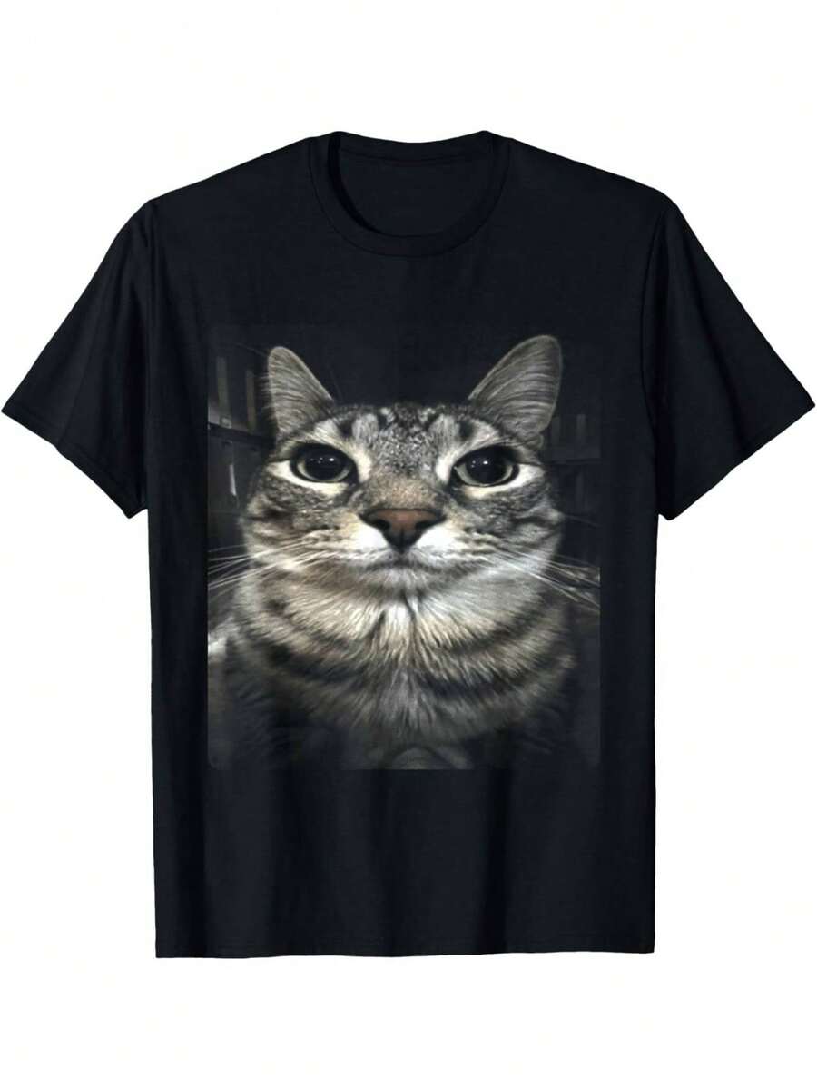 Camiseta de algodón puro de 180g con estampado de meme de gato gracioso K0JQ - Negro - Ver 1