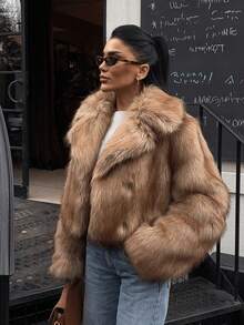 Women's Winter New Vintage Luxury Fashion Elegant Faux Fur Collar Coat - Brown - View 1