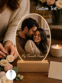 1 Acrylic Night Light For Couples, Customizable With Text, Warm LED Edge Lighting On A Wooden Base, Oval Romantic Bedside Or Desktop Decor, Suitable For Anniversary, Valentine's Day, Birthday, Wedding Anniversary Gifts - Multicolor (Style 2) - View 3