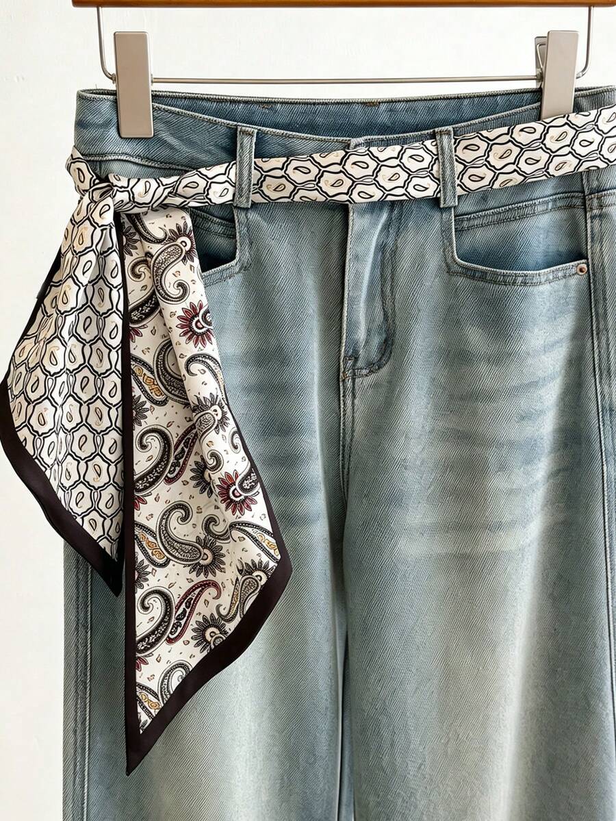 1pc Women's Paisley Satin Waist Belt, Vintage Geometric Print Thin Waist Scarf, Fashion Decorative Ribbon Accessory, Suitable For Jeans, Trousers, Dresses - Multicolor - View 1