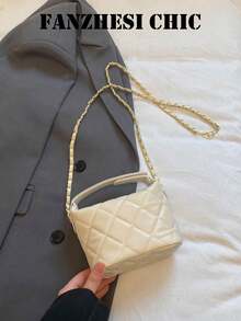 Bolsa de Mão de PU Acolchoada com Diamante Branco Puro, Fecho de Metal Redondo de Camélia, Alça de Ombro com Corrente Longa de Metal Destacável, Tecido Macio Amigável à Pele e Durável, Adequada para Estudantes Universitários, Mulheres de Escritório em Deslocamento, Compras, Encontros Noturnos, Viagens Curtas de Fim de Semana - Branco - Visão 2