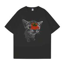 Top Tomato Cat Print T-Shirt, Cute Couple T-Shirt, Comfortable Women's Size T-Shirt - Black T-Shirt - 黑色 - 查看 1