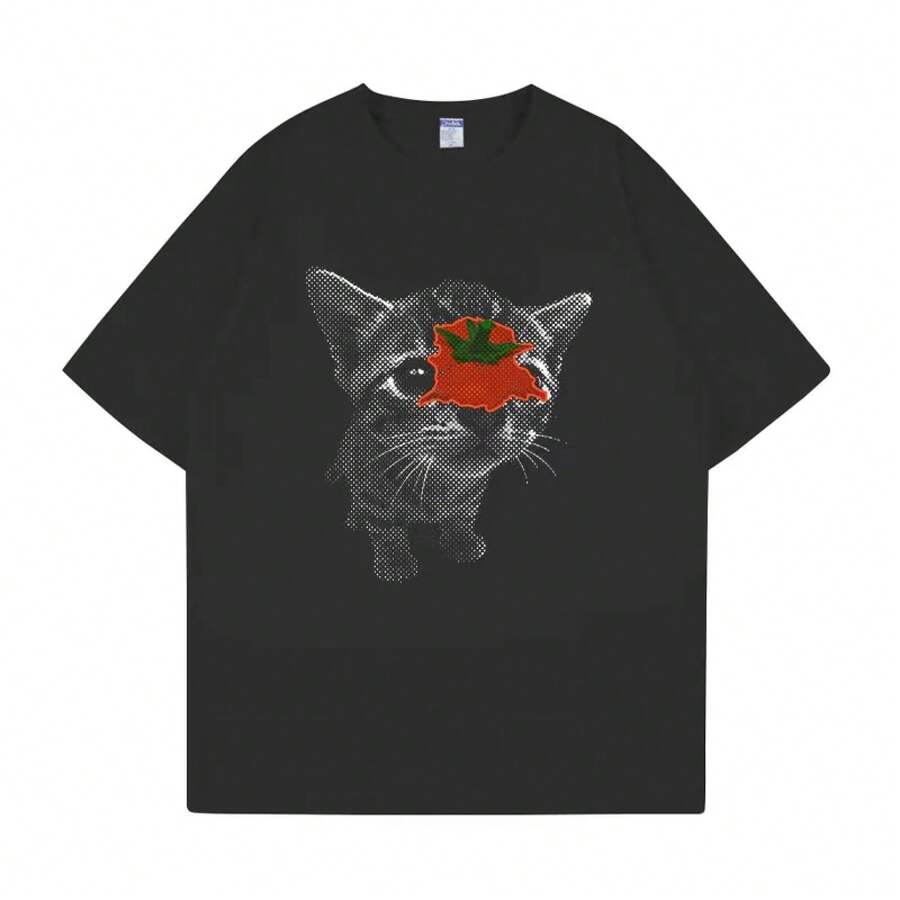 Top Tomato Cat Print T-Shirt, Cute Couple T-Shirt, Comfortable Women's Size T-Shirt - Black T-Shirt - 黑色 - 查看 1