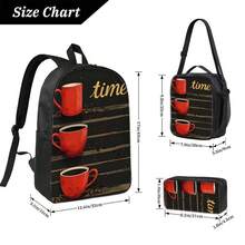 A Set Of Three Backpacks Decorated With Three Red Coffee Cups, On Which The Word "Time" Is Written Against A Dark Background. This Charming And Lightweight Travel Backpack Features Adjustable Straps. - 17吋三件套 - 查看 2