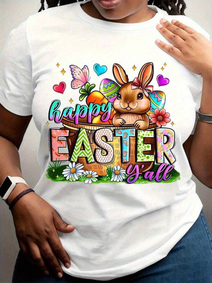 Talla Grande - Talla Grande - ¡Deseando a todos una Feliz Pascua! Cestas de Conejito, Huevos, Flores, Camisetas de Festival de Primavera y Camisetas Casuales de Pascua para Mujer, ¡son regal