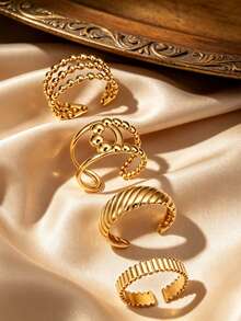 4pcs Stainless Steel Women's Stackable Rings, Thin Band Wide Face Open Combination Rings, Beaded Vertical Stripe Spiral Texture Metal Elements, European And American Vintage Niche Luxury Minimalist Style, Gold Color, Suitable For Women's Daily Commute, Shopping, Dating Outfits, Valentine's Day, Qixi Festival, Birthday Gift Jewelry - Ring - View 6