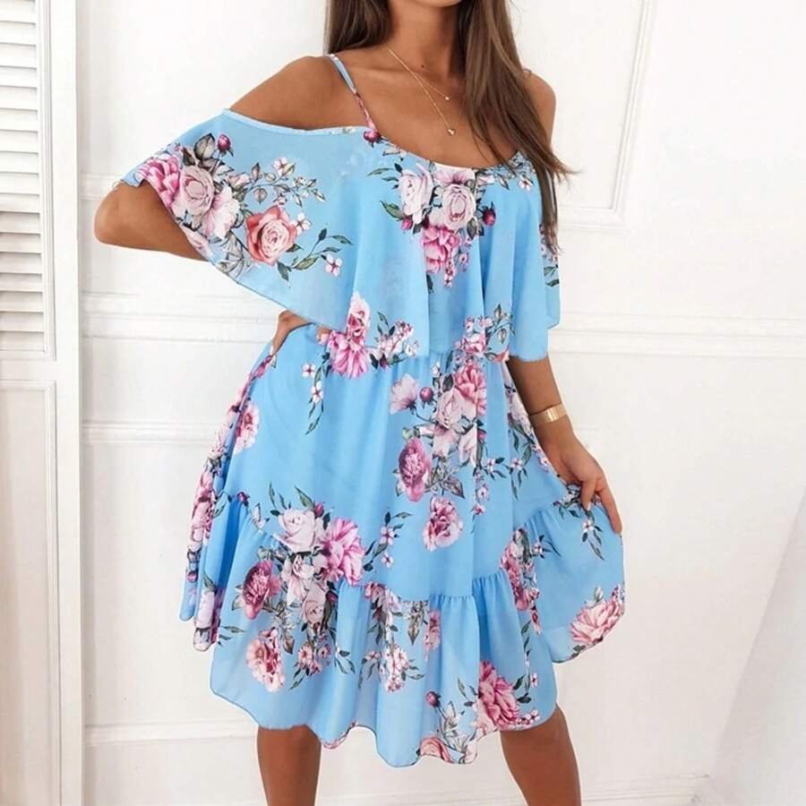 New Sexy Chiffon Print Off-The-Shoulder Dress For Spring. - Blue - View 1