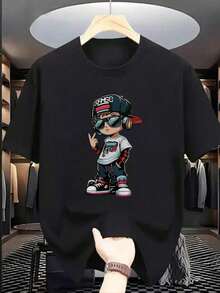 Short-Sleeved T-Shirt With Round Neck And Casual Print For Pre-Teen Boys, Summer Top - Black - View 1