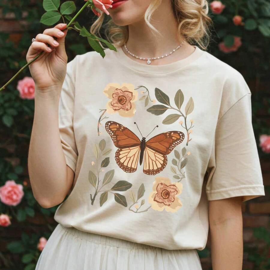 Camisa  con diseño de mariposa Monarca 2026 |   Cottagecore Botanical TeeCamisetas cómodas, modelos estilosos para verano, conjuntos y prendas superiores - Blanco - Ver 1