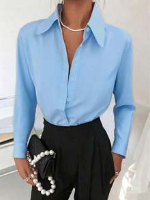 Solid Color Button Down Loose Casual Office Shirt With Drop Shoulders, Long Sleeve Spring - Light Blue - View 2