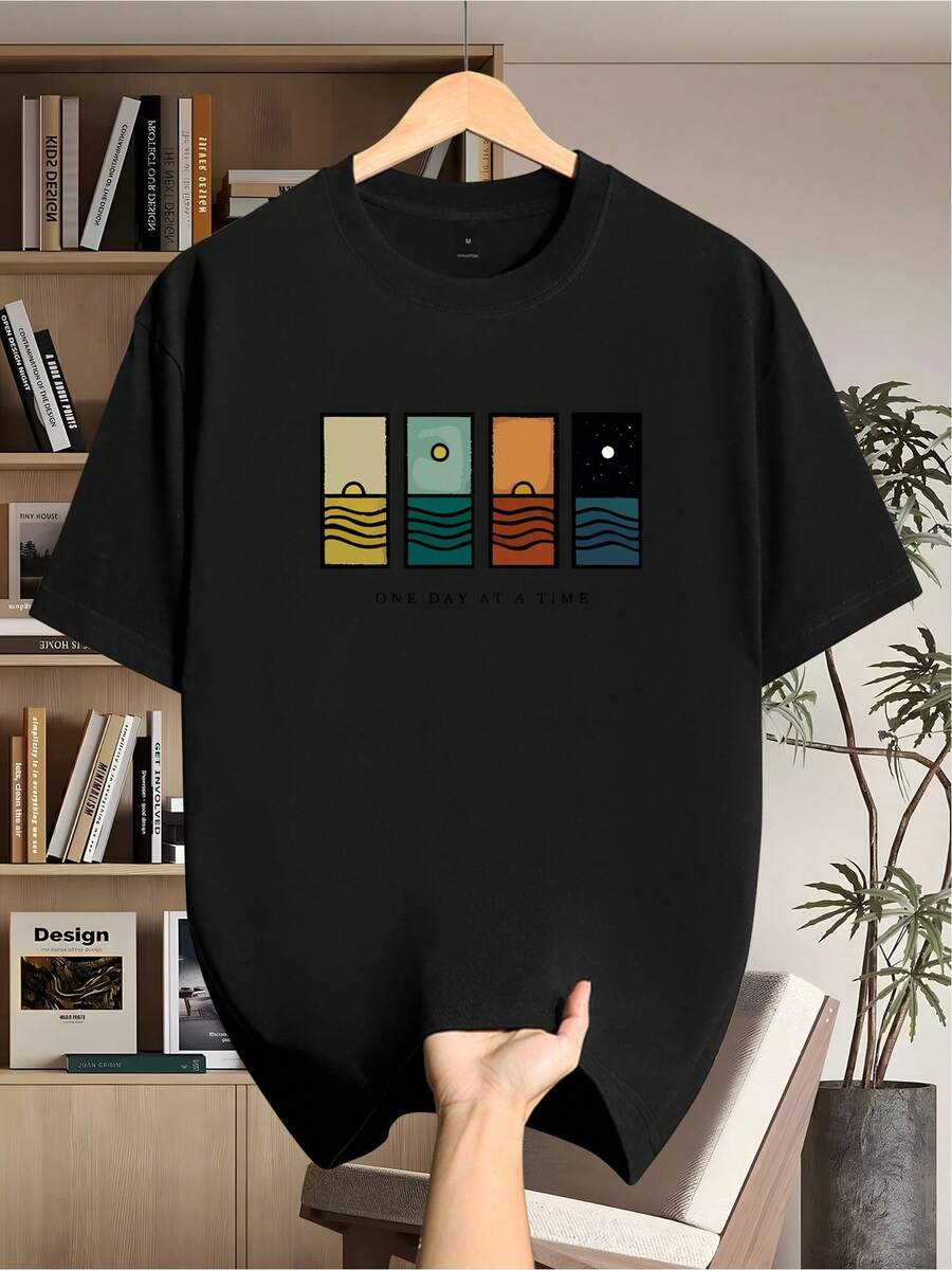 Camiseta única Y2K con diseño de paisajes marinos en tonos cálidos y fríos perfecta para amantes de la naturaleza y el estilo retro destaca con estampado artístico que evoca tranquilidad y s - Negro - Ver 1