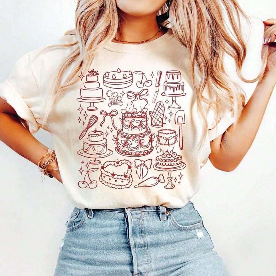 Playera Holgada Estampado Dibujo Panadería Pastel Cuello Redondo Básica Estilo Retro Vintage Juvenil Moda Streetwear Ropa de Mujer Aesthetic Uso Diario - Blanco - Ver 1
