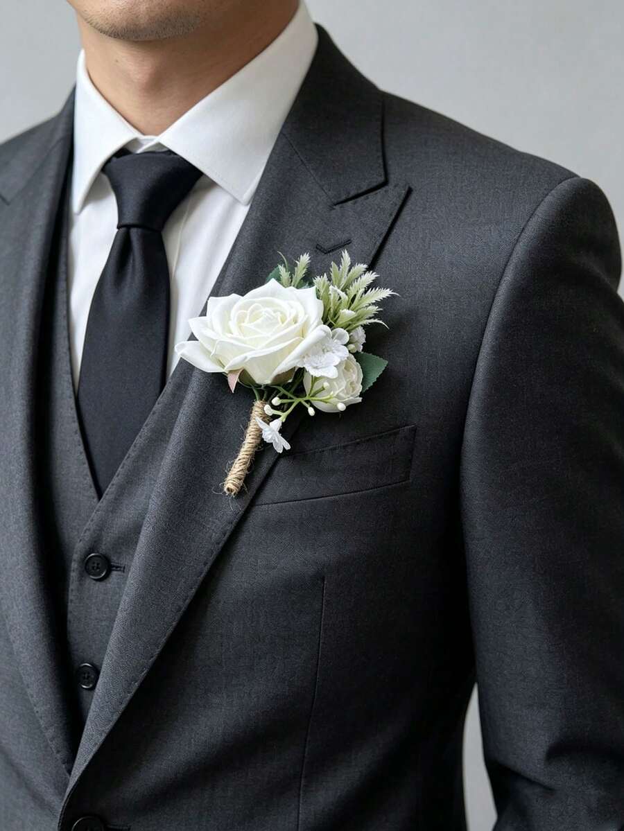 1 pieza/6 piezas Flor de rosa de marfil artificial, prendedor de novio, corsage para hombre, hermano, graduado, pin para traje, boda, flores DIY, decoración de fiesta - Blanco lechoso - Ver 1